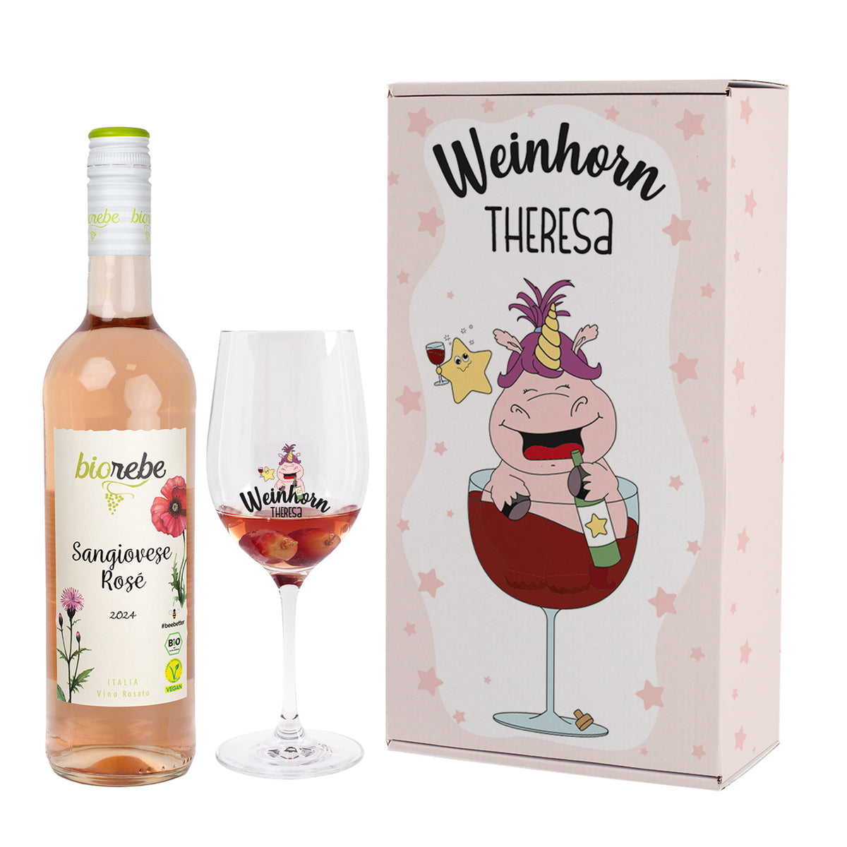 Weinhorn Geschenkset mit Leonardo Weinglas und Biorebe Wein | Weißwein, Rotwein, Rosé