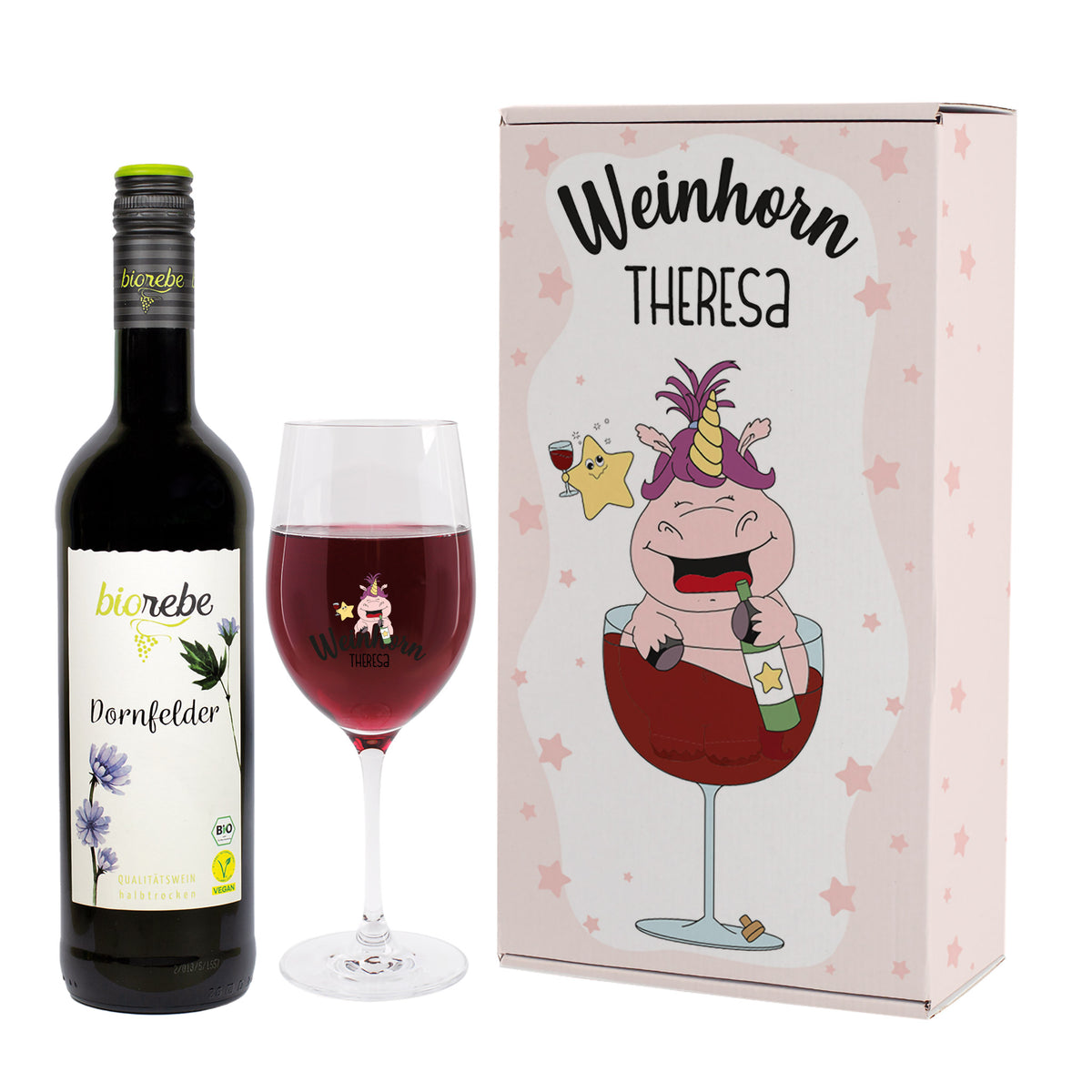 Weinhorn Geschenkset mit Leonardo Weinglas und Biorebe Wein | Weißwein, Rotwein, Rosé