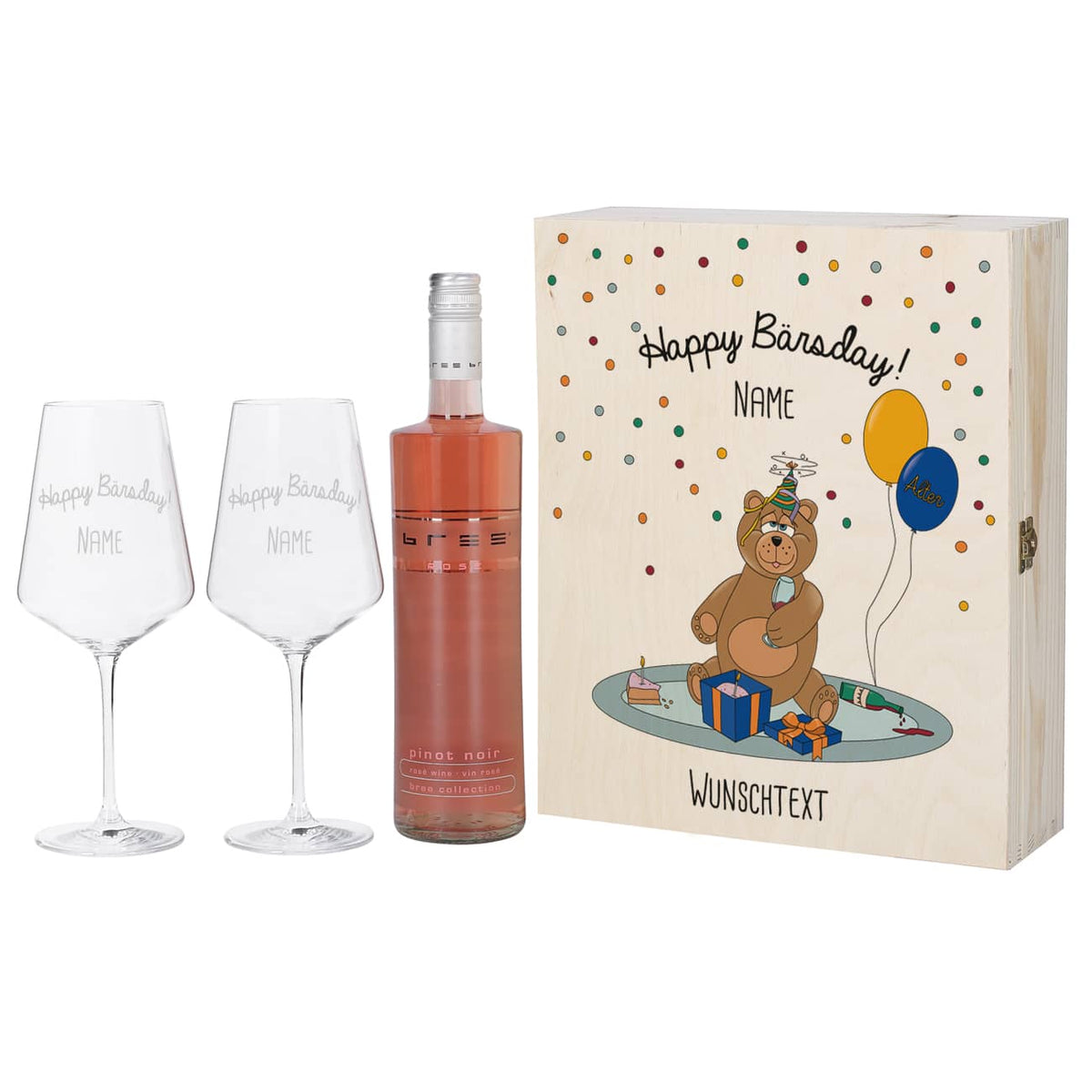 Geschenkset mit bedruckter Holzbox und gavierten Weingläsern