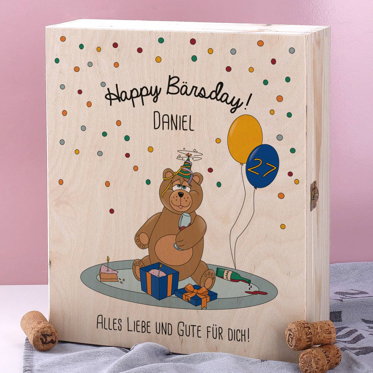 Holzbox zum Geburstags mit Partyteddy