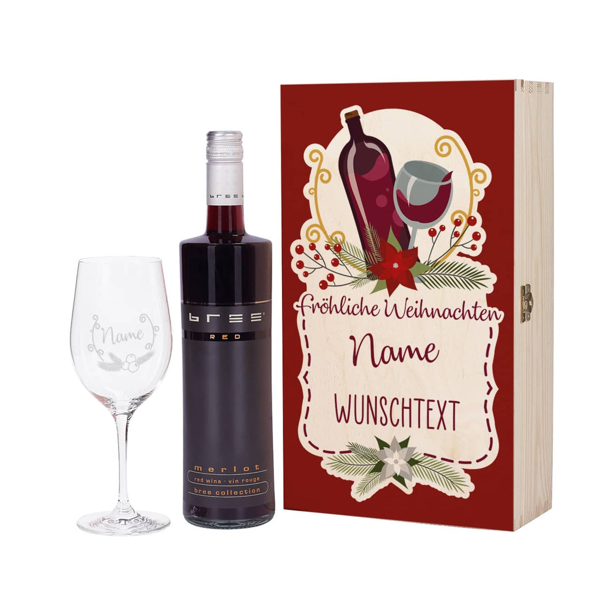 Geschenkbox mit Weihnachtskranz bedruckt, Rotwein und graviertem Weinglas