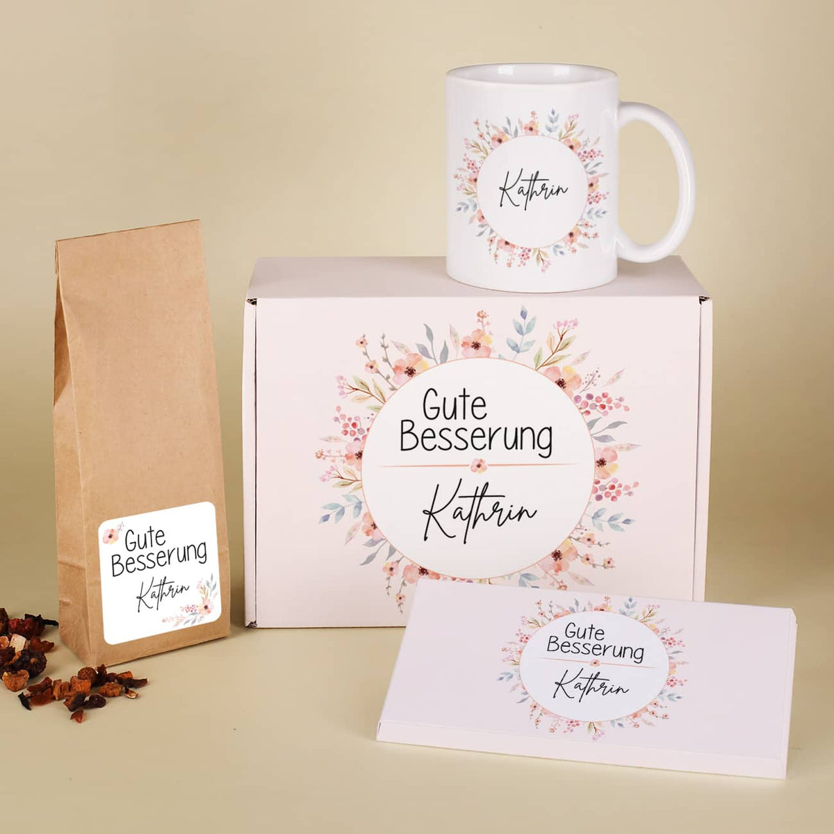 Tee Geschenkset Gute Besserung mit Tasse, Schokolade, Box und Tasse
