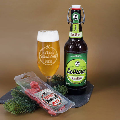 Bier-Geschenkset für Werkstattbier mit graviertem Bierglas