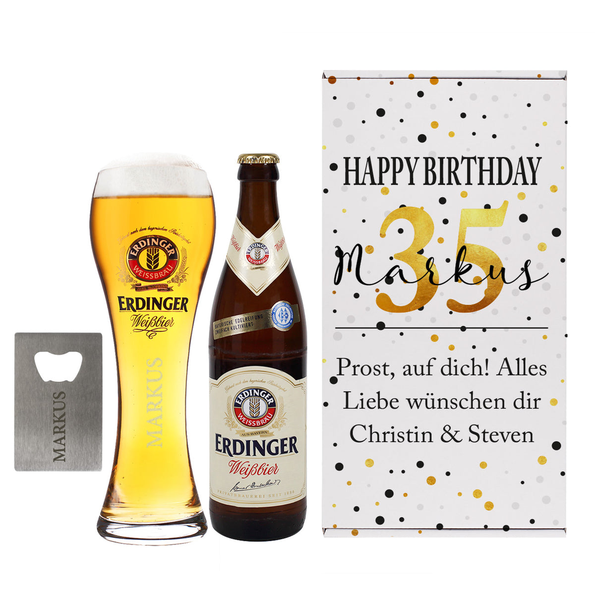 Erdinger Bier-Set zum Geburtstag mit Glas, Bier, Flaschenöffner und Box | Sorte wählbar
