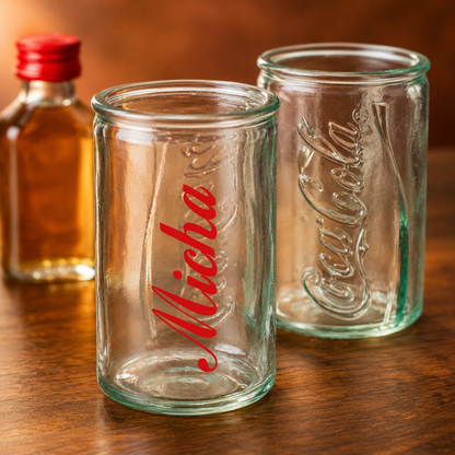 Gefülltes Coca-Cola Shotglas mit Name Micha, hellem Schnaps und durchscheinendem Reliefschriftzug