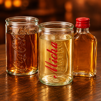 Gekühltes Coca-Cola Shotglas mit Name Micha, Wassertropfen, hellem Schnaps und geprägtem Logo