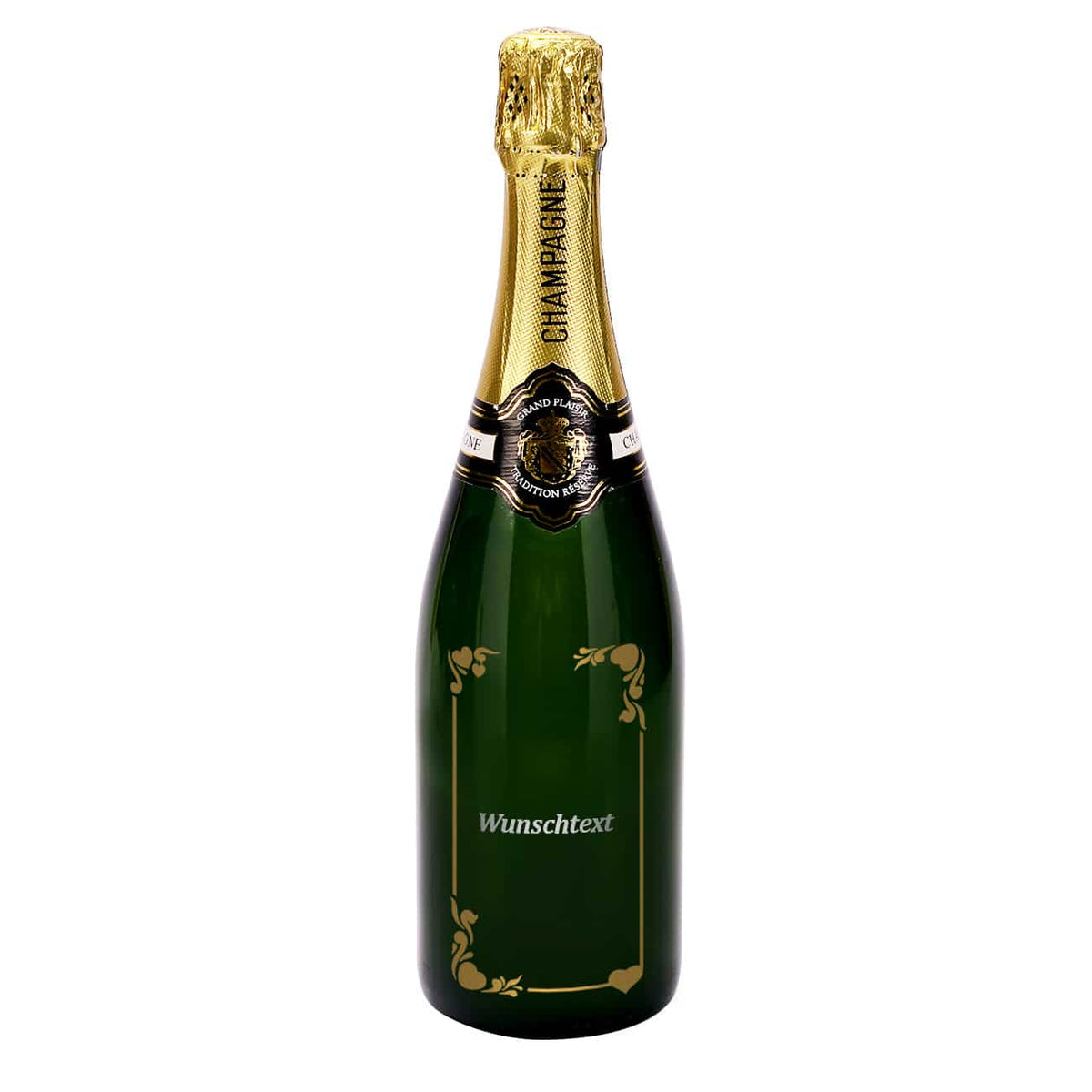 Champagnerflasche mit silberner und goldener Gravur Ihres Wunschtextes und Ornament