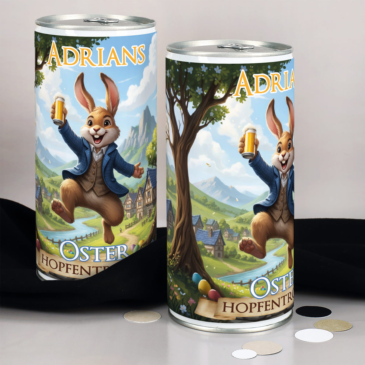 Zwei personalisierte Osterbier Dosen mit Hasenmotiv und Name als Geschenk für Bierliebhaber