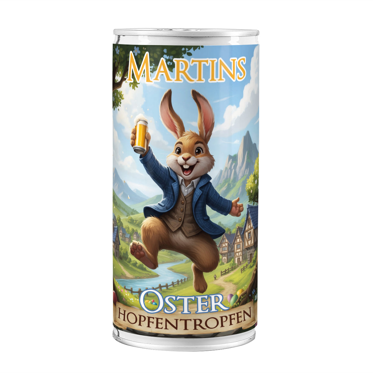 Personalisierte Bierdose „Oster Hopfentropfen“ freigestellt mit lustigem Osterhasen und Name