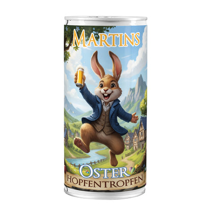 Personalisierte Bierdose „Oster Hopfentropfen“ freigestellt mit lustigem Osterhasen und Name