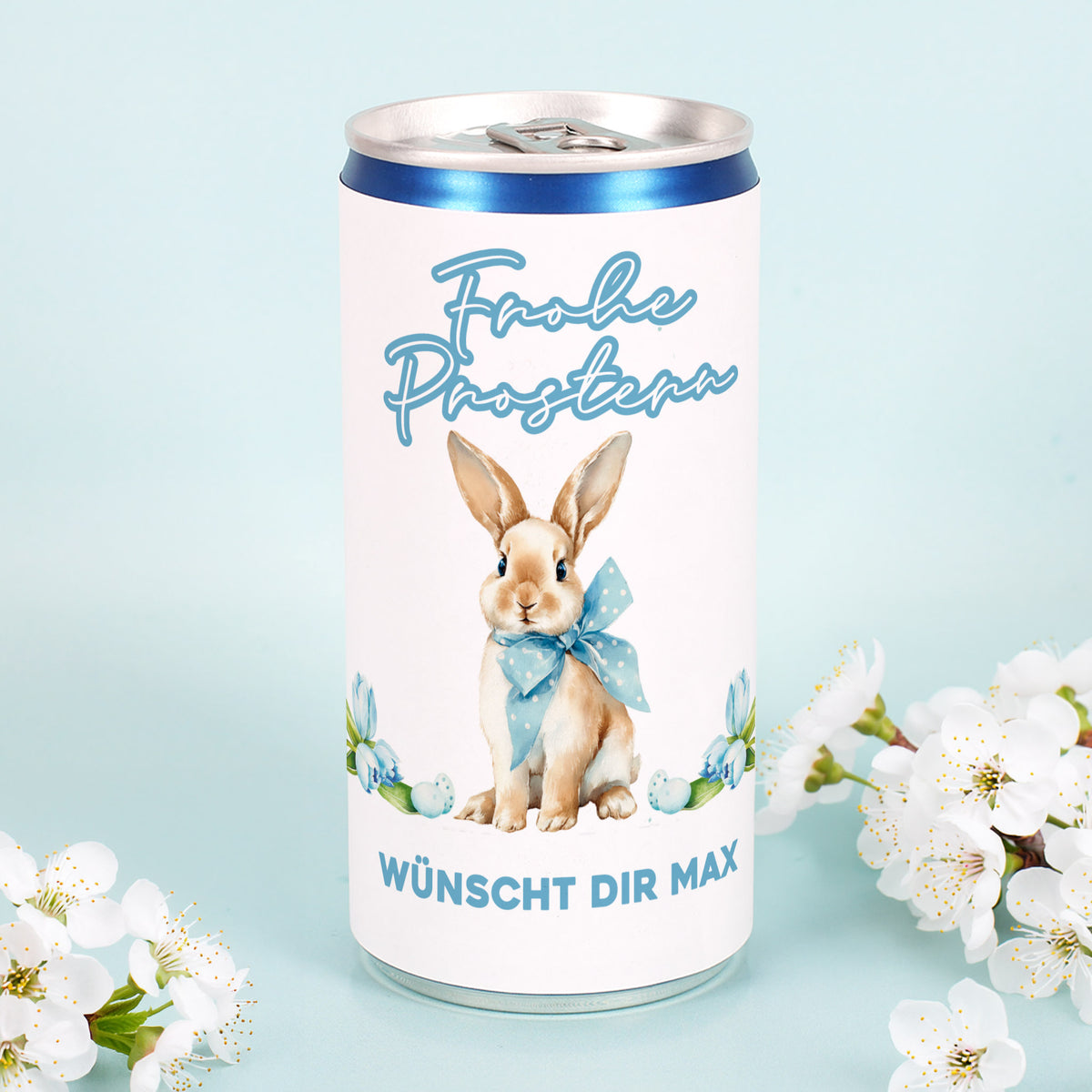 Frohe Prostern Secco Dose mit Osterhase und Wunschbotschaft