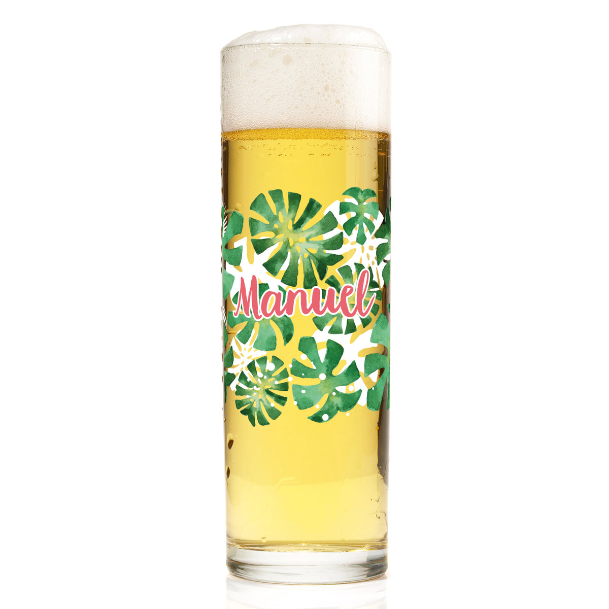 Kölschstange aus Glas mit Monstera-Motiv, Name Manuel und gefülltem Bier