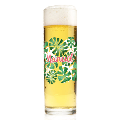 Kölschstange aus Glas mit Monstera-Motiv, Name Manuel und gefülltem Bier