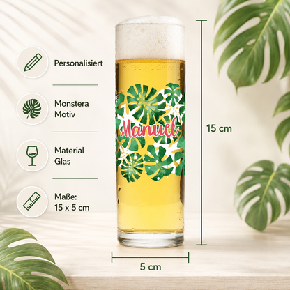 Personalisiertes Kölschglas mit Monstera Motiv und Produktinformationen.