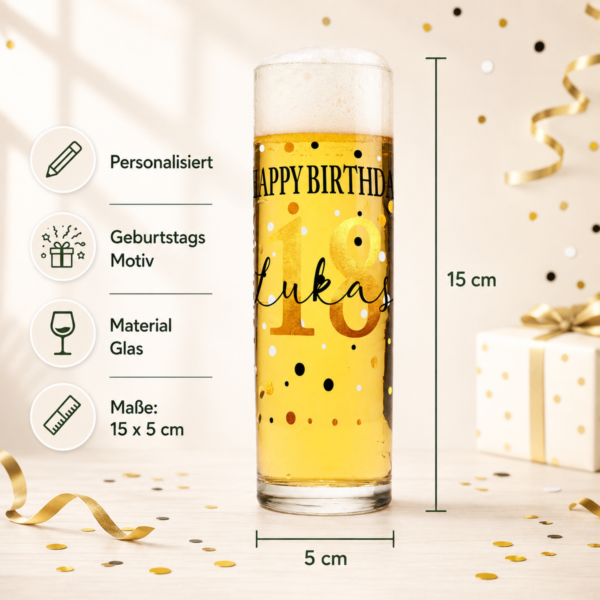 Infografik zur personalisierten Kölschstange mit Maßangaben 15 x 5 cm sowie Hinweisen zu Personalisierung, Geburtstagsmotiv und Material Glas.