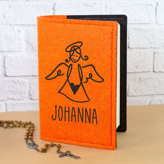 Orange Filz-Buchhülle für Gotteslob mit schlichtem Engel-Motiv, Herz und personalisiertem Namen