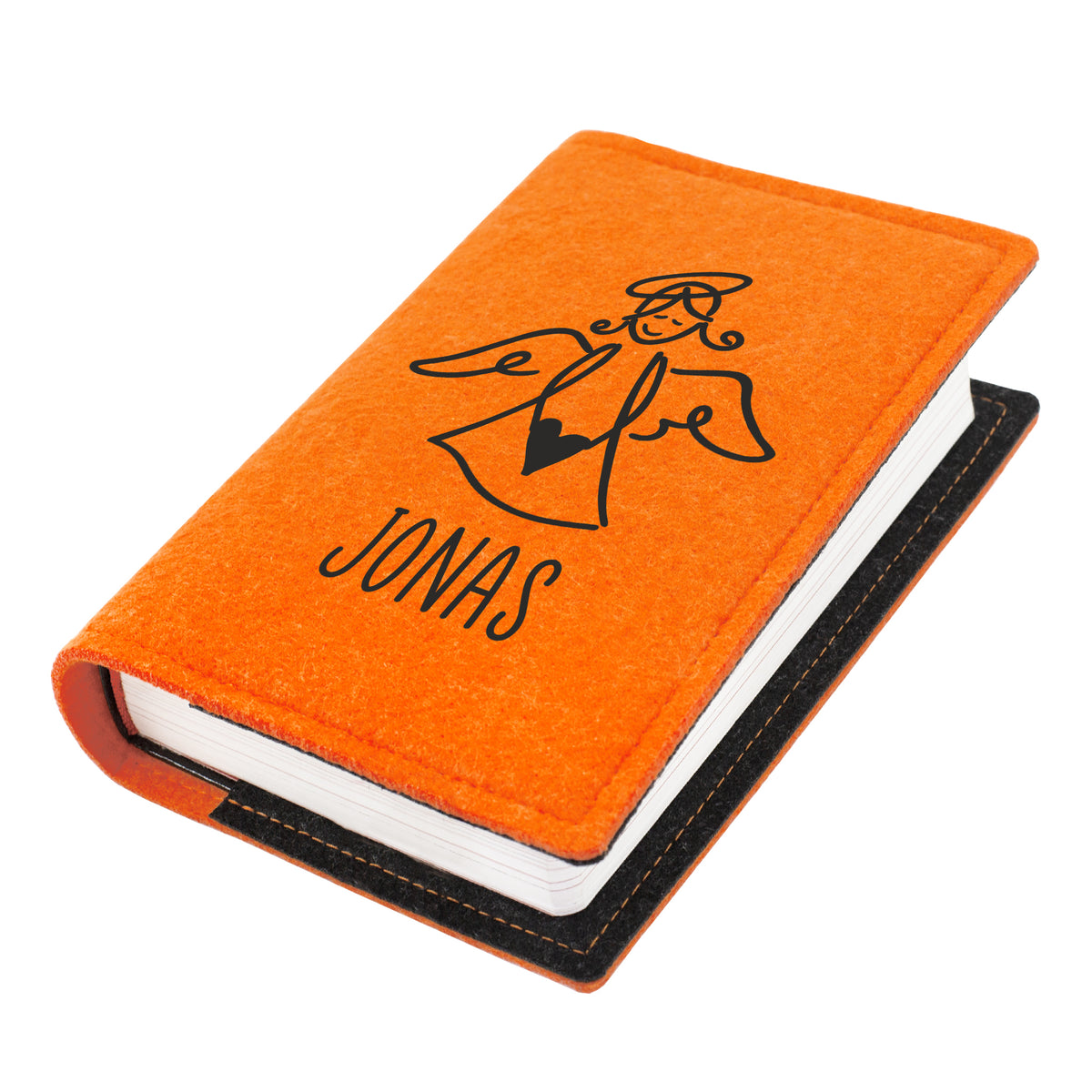 Orange Buchhülle aus Filz mit schwarzem Engel-Motiv, Herz und Name als Schutz für Gotteslob oder Gesangbuch
