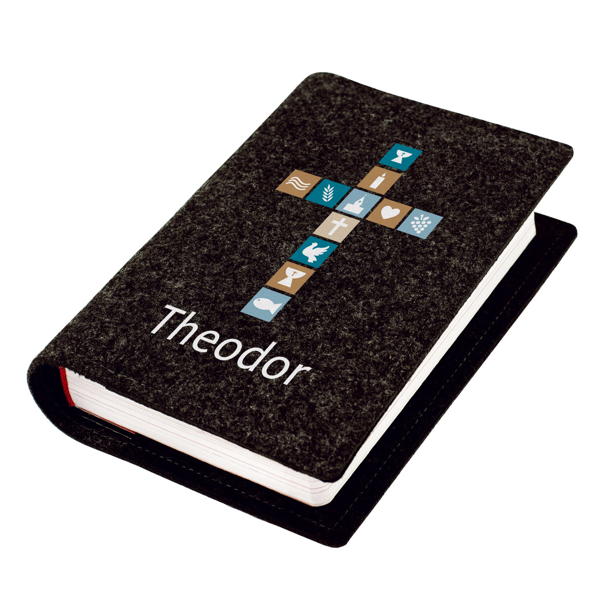 Anthrazitfarbene Gotteslobhülle aus Filz mit Kreuz-Motiv, christlichen Symbolen und personalisiertem Namen