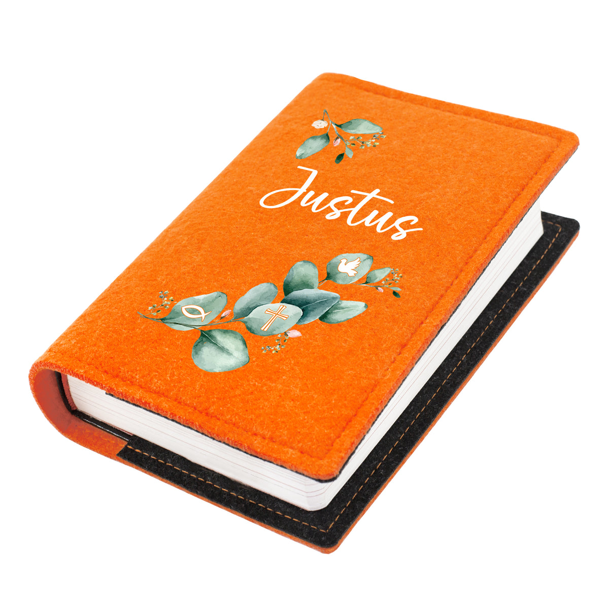 Orange Buchhülle für Gotteslob aus Filz mit Eukalyptus Motiv, Name Justus und religiösen Symbolen