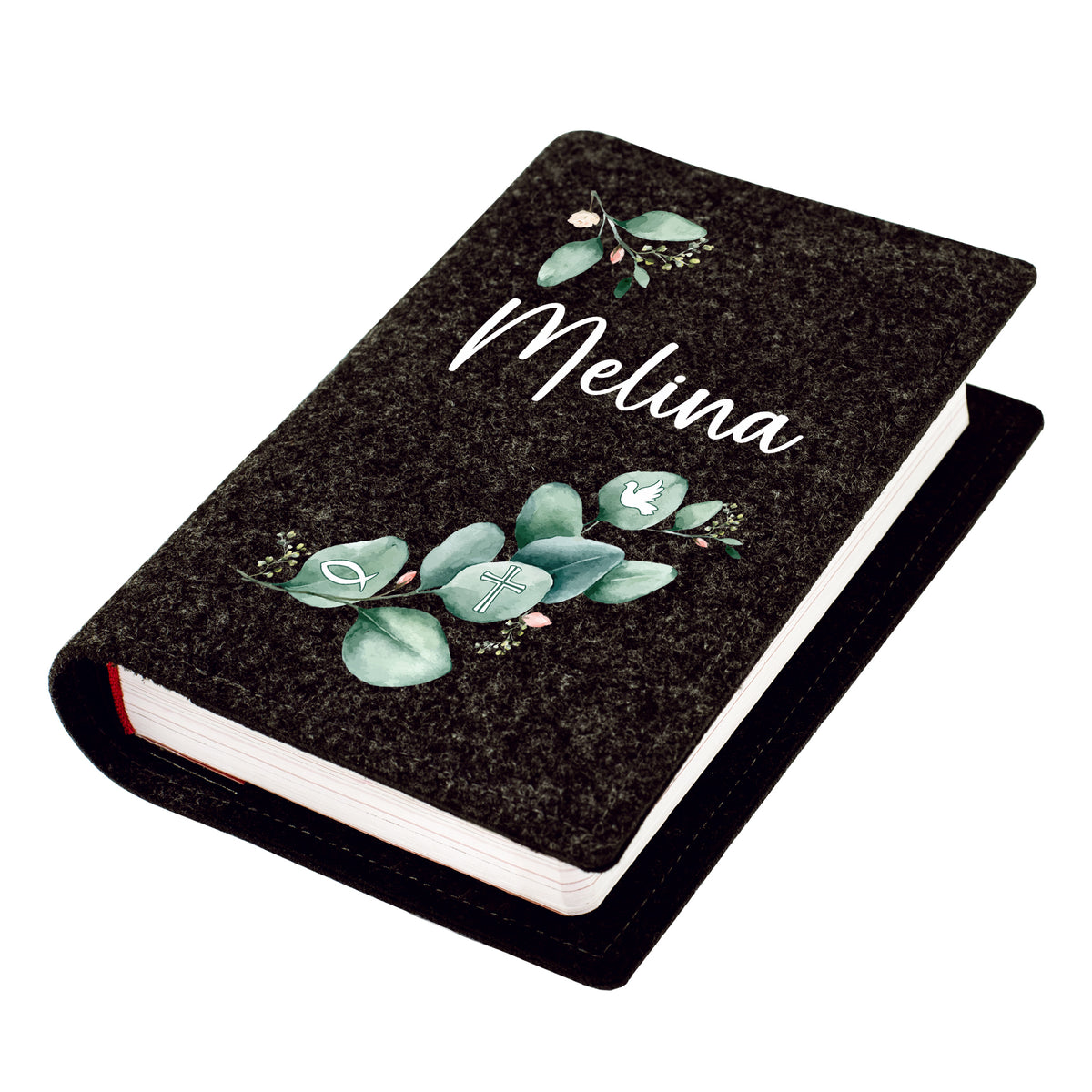 Anthrazitfarbene Buchhülle aus Filz mit Eukalyptus Motiv, Name Melina und Symbolen für Gotteslob oder Gesangbuch