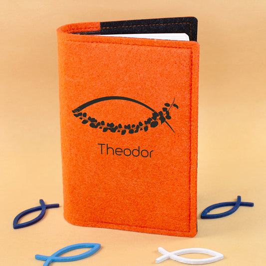 Orange Filz Buchhülle für Gotteslob mit Ichthys Fisch Motiv, Blätterbogen und personalisiertem Namen Theodor