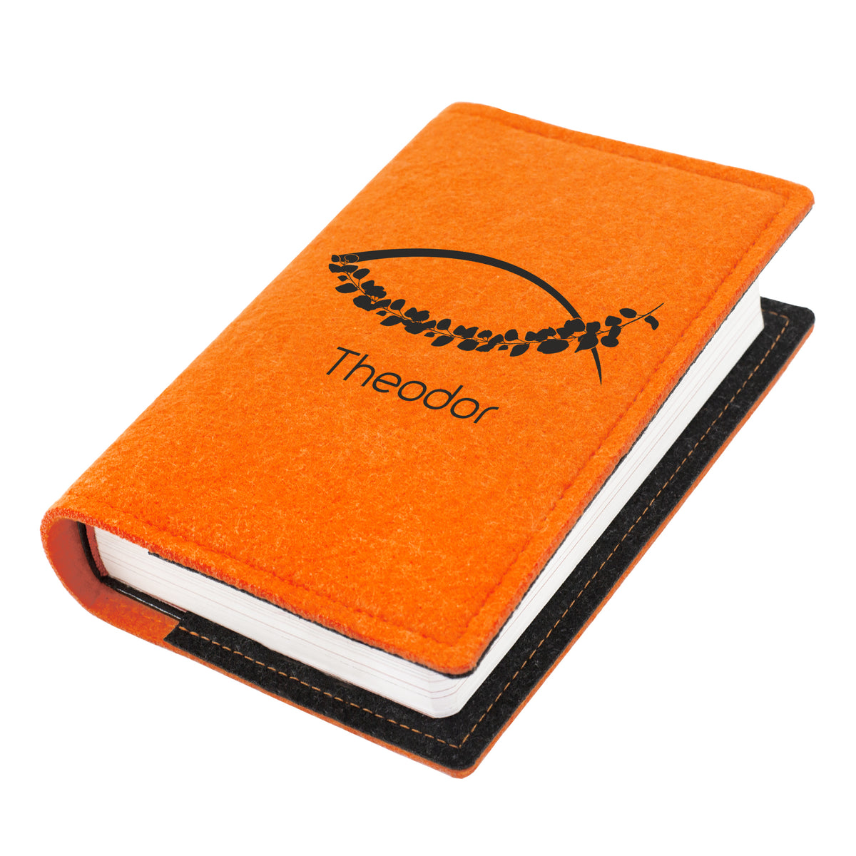 Orange Buchhülle aus Filz mit schwarzem Ichthys Fisch Motiv und Name Theodor für Gotteslob, Gebetsbuch oder Bibel