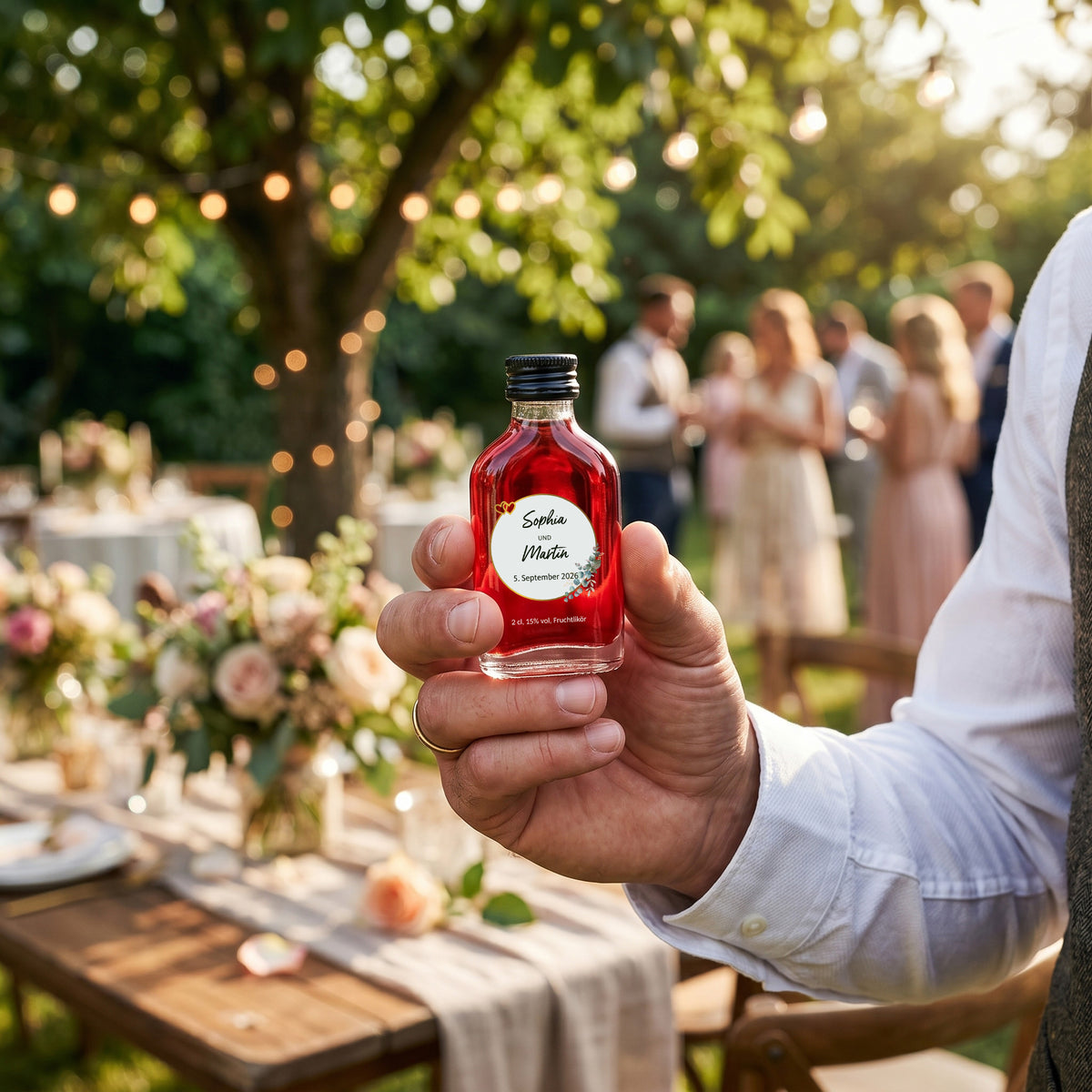 Fruchtlikör als Hochzeitsgastgeschenk mit Namen Sophia und Martin wird auf einer Gartenhochzeit in der Hand gehalten