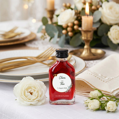 Personalisierter Fruchtlikör mit Namen Clara und Theo und Datum 5. August 2028 zwischen weißen Rosen und Hochzeitsdeko