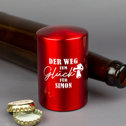 Roter Push-Up Flaschenöffner mit Spruch und Name, automatischer Bieröffner als Geschenk für Männer