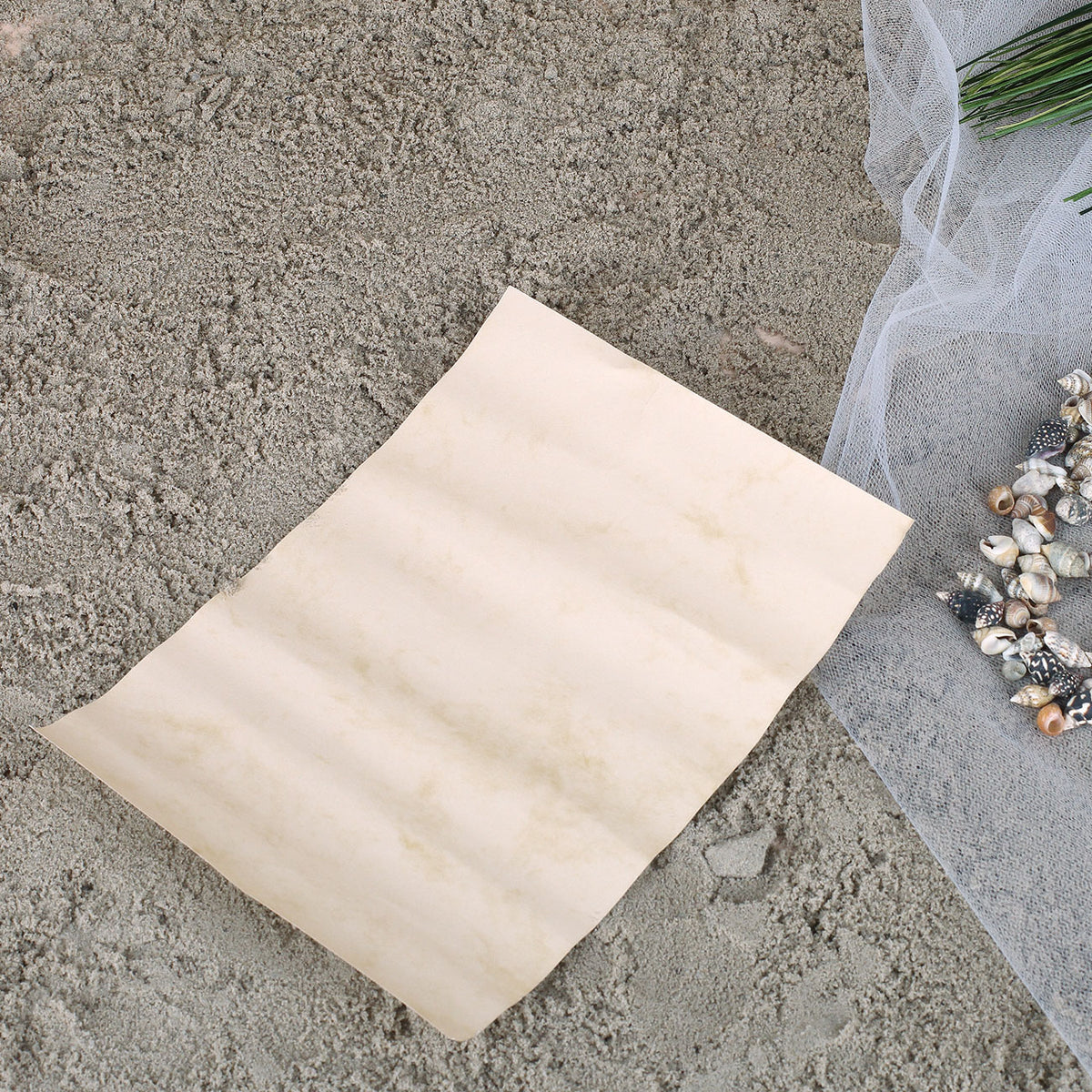 Leeres Pergamentpapier als Nachricht für Flaschenpost, dekoriert auf Sand mit Muscheln und Netz