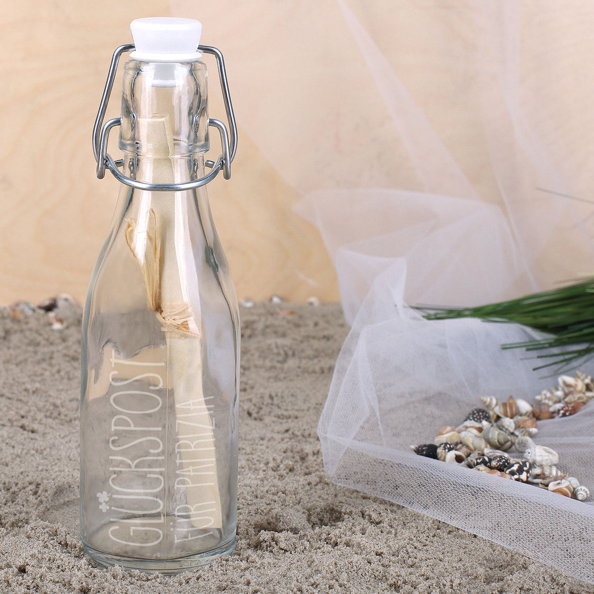 Kleine Glückspost aus der Flasche mit Gravur | Geschenkidee & Geldgeschenk für Lieblingsmenschen