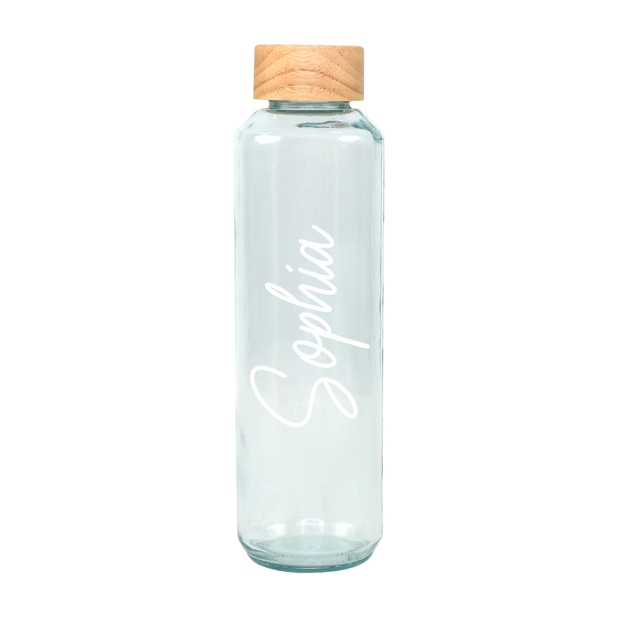 Freigestellte Glas Trinkflasche mit Holzdeckel und weißem Namen Sophia auf transparentem recyceltem Glas