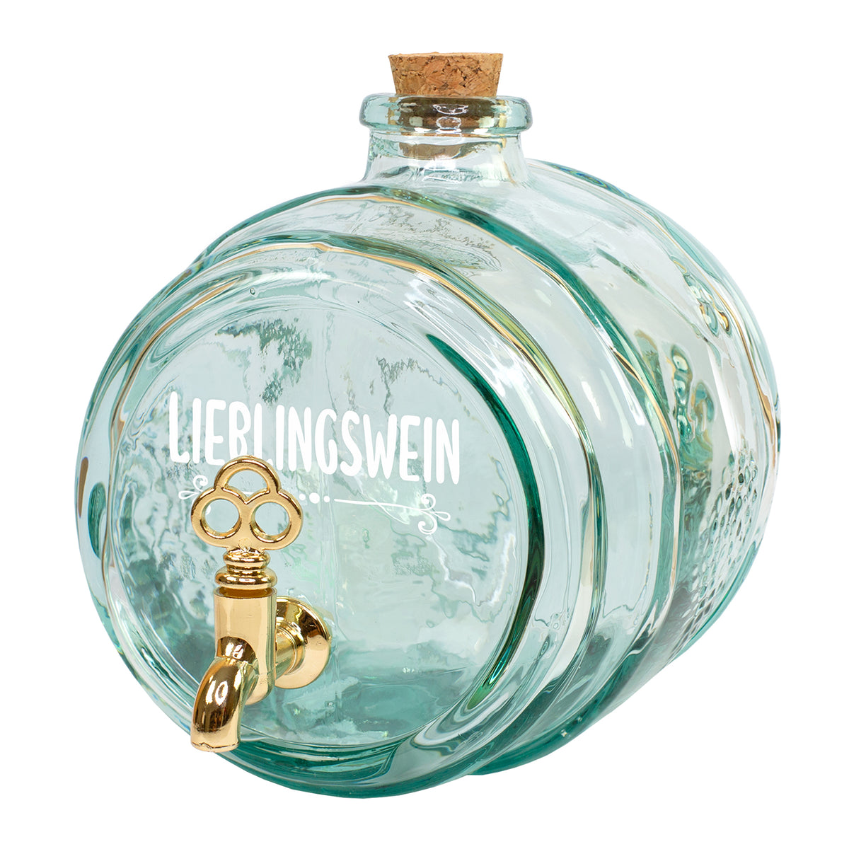 Glasfässchen mit Schriftzug Lieblingswein, Korken, goldfarbenem Hahn und eingearbeiteter Weinrebe im Glas