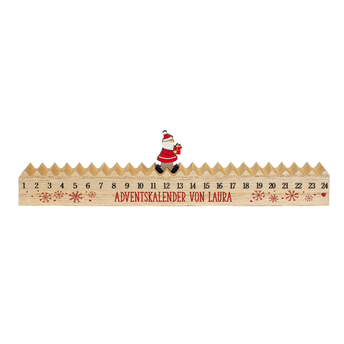 Freigestellter Holz-Adventskalender mit Santa-Figur, Zahlen von 1 bis 24 und rotem Aufdruck.
