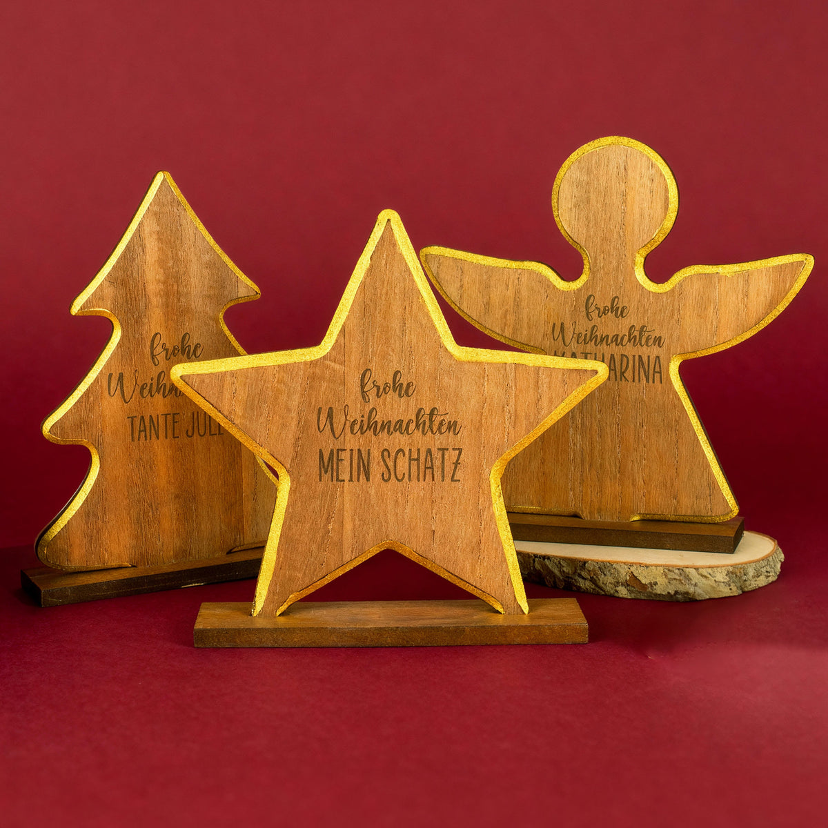 Holzaufsteller mit Gravur Frohe Weihnachten und Wunschtext, in Form von Stern, Engel und Tanne, goldene Kante, festliche Dekoration