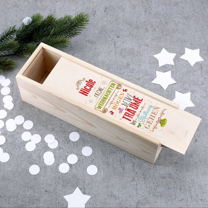 Flaschenverpackung aus Holz mit Weihnachtsmotiv und Name
