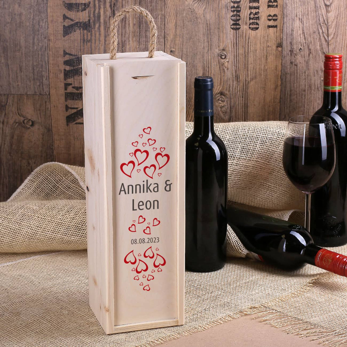 Flaschenverpackung als Geschenk zur Hochzeit mit Ihren individuellen Namen