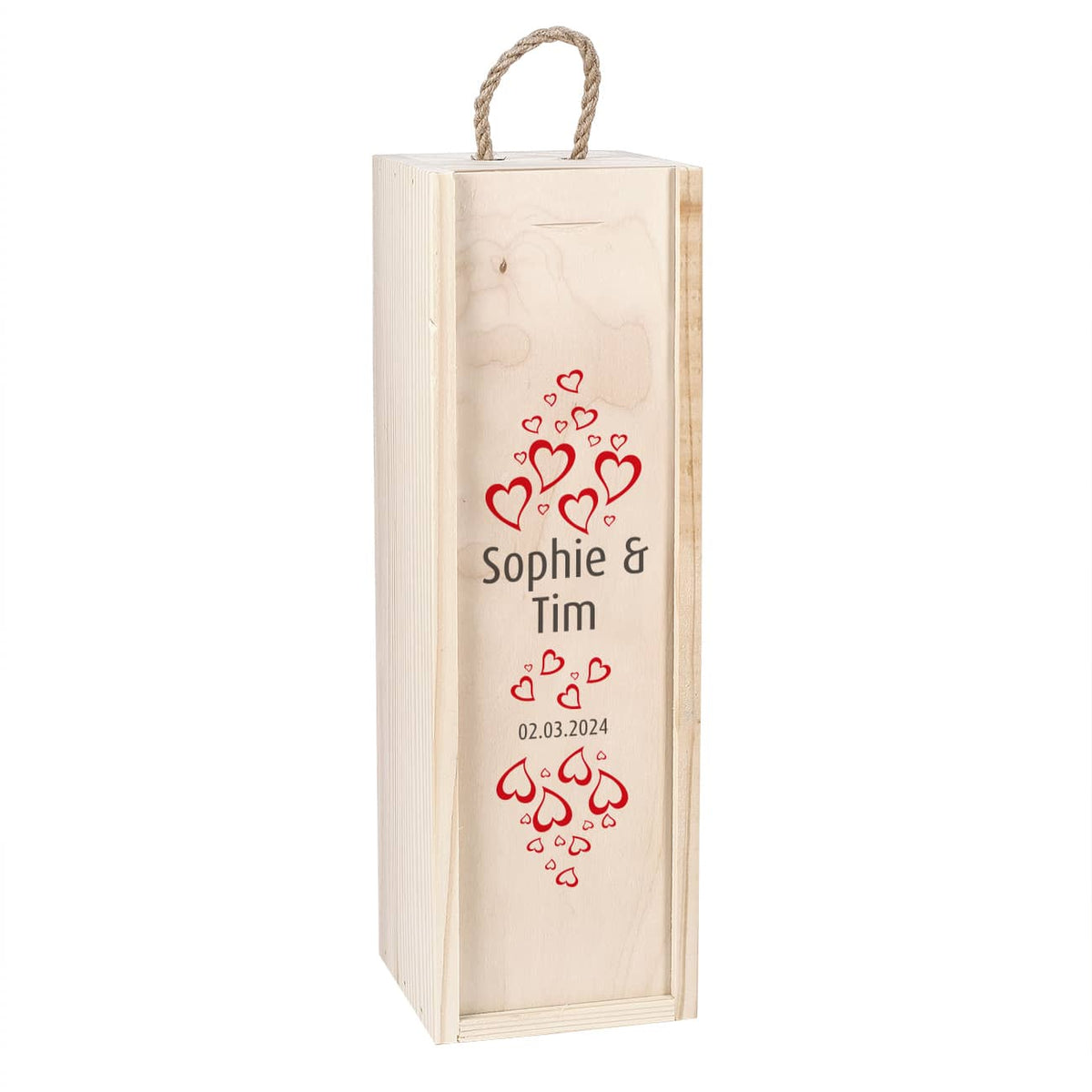 Weinflaschenverpackung aus Holz zur Hochzeit mit Namensaufdruck