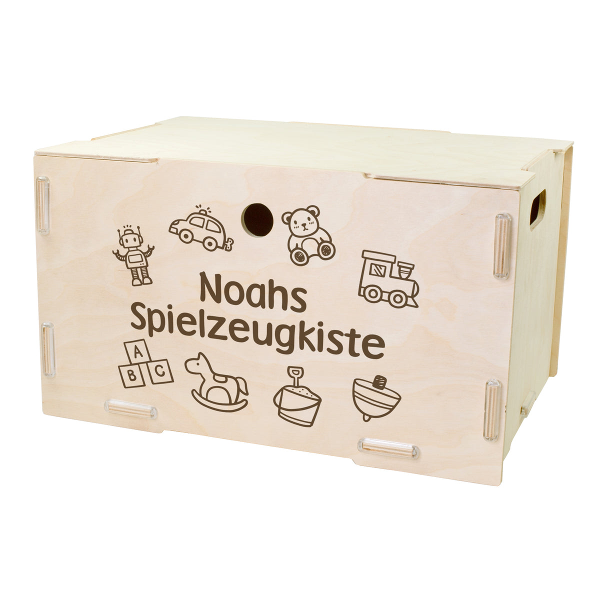 Personalisierte Holz-Spielzeugkiste von clipfritz® mit Name und Spielzeug-Motiven