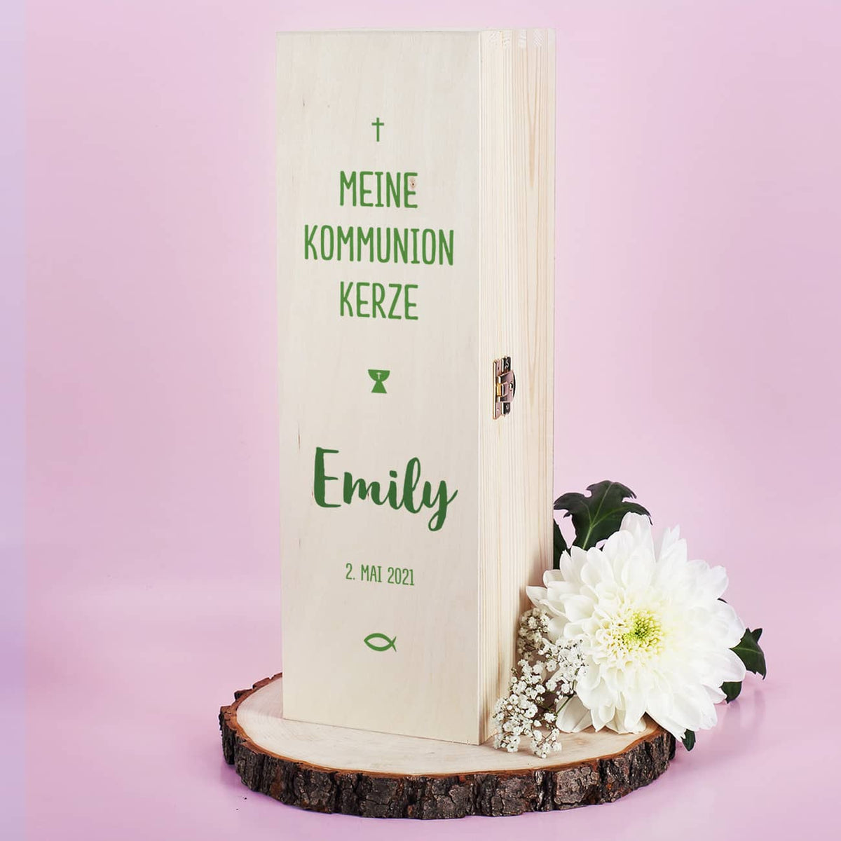 Geschenkbox für Kommunionkerze - mit Name und Datum in grün