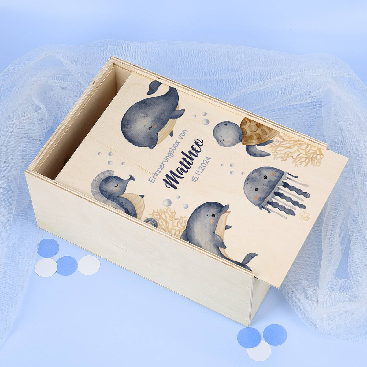 Erinnerungsbox mit Meerestieren, Wunschname und Geburtsdatum