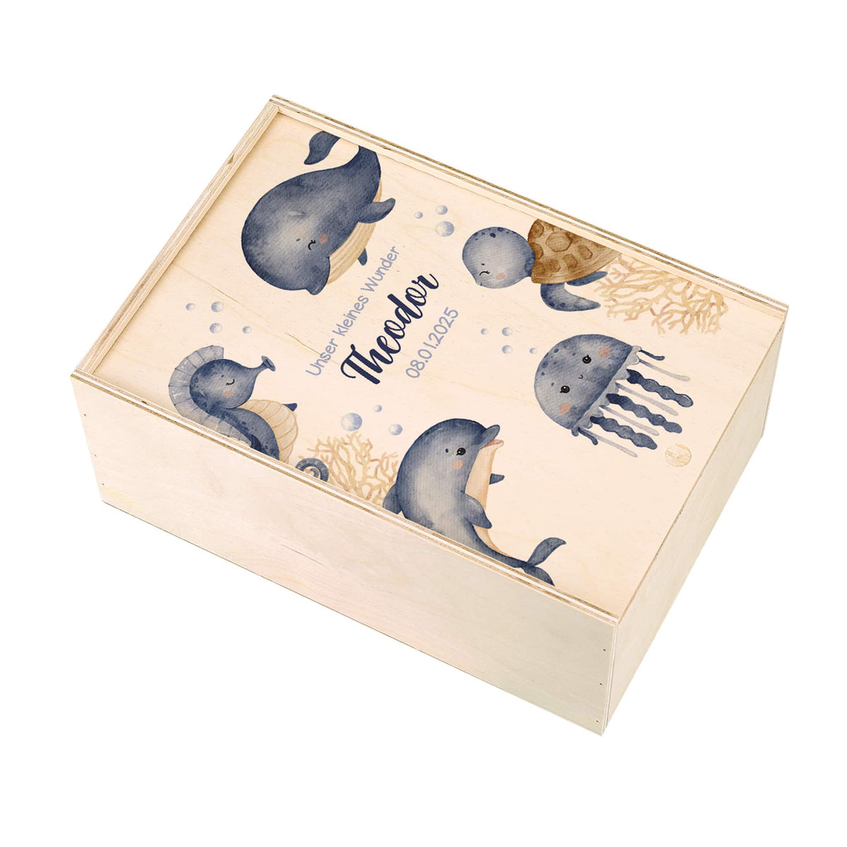 Erinnerungsbox mit Meerestieren, Wunschname und Geburtsdatum