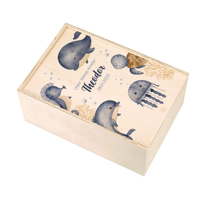 Erinnerungsbox mit Meerestieren, Wunschname und Geburtsdatum