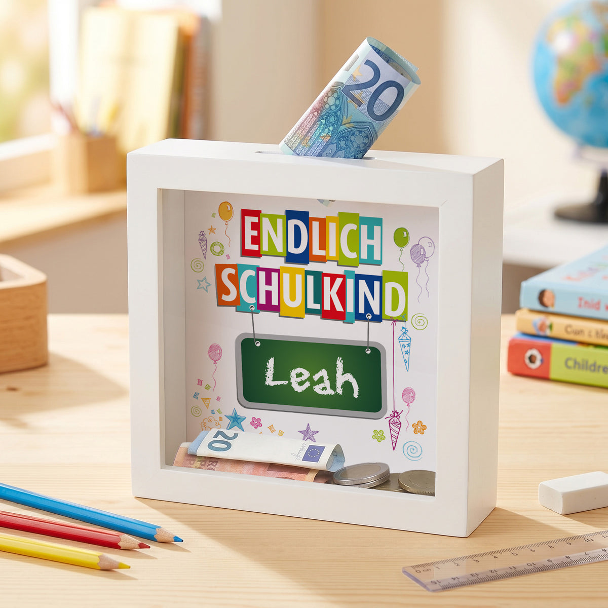 Endlich Schulkind - Bilderrahmen Spardose mit Name