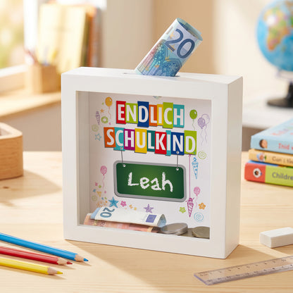 Endlich Schulkind - Bilderrahmen Spardose mit Name