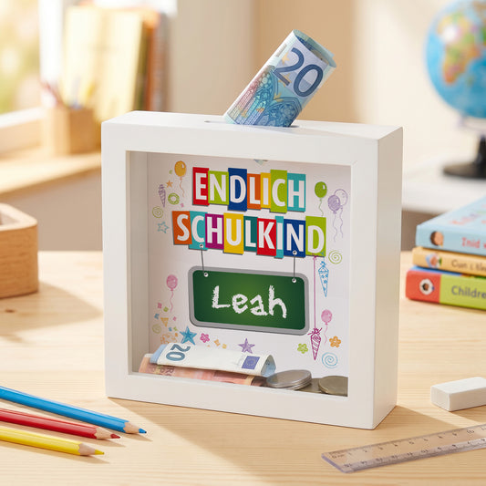 Endlich Schulkind - Bilderrahmen Spardose mit Name