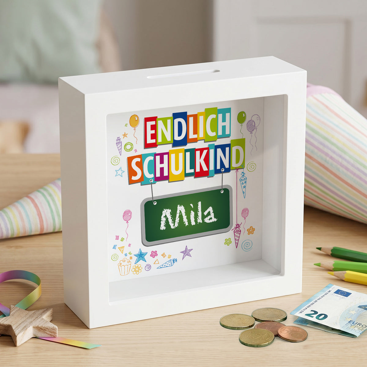 Spardose als Bilderrahmen für Geldgeschenke zum Schulstart
