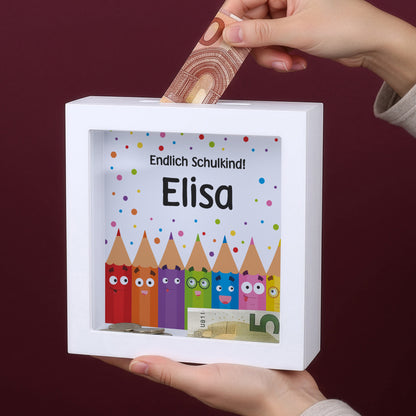 Personalisierte Bilderrahmen-Spardose mit Name Elisa und Geldschein im Geldschlitz