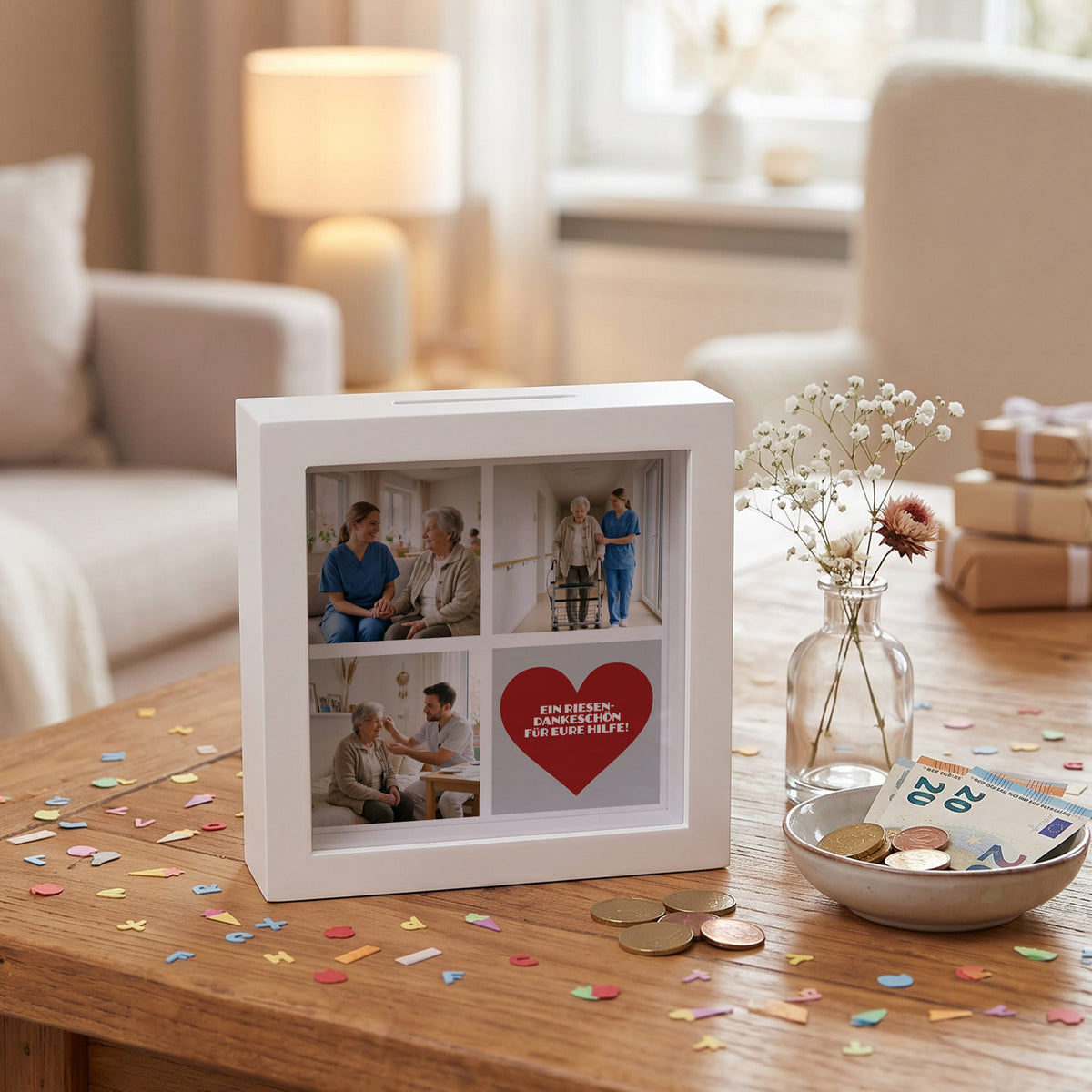 Bilderrahmen Spardose mit Fotos und Wunschtext als Dankeschön