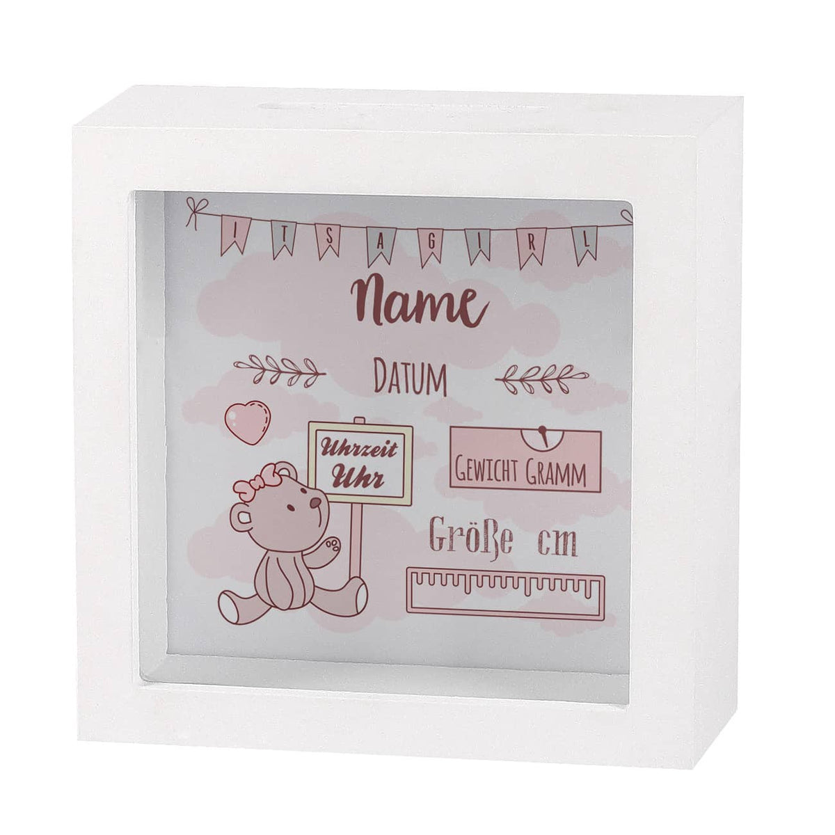 Bilderrahmenspardose zur Geburt mit Teddymotiv für Mädchen